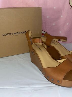 Lucky Brand Cognac Leather Wedge Sandals with Stud Accents